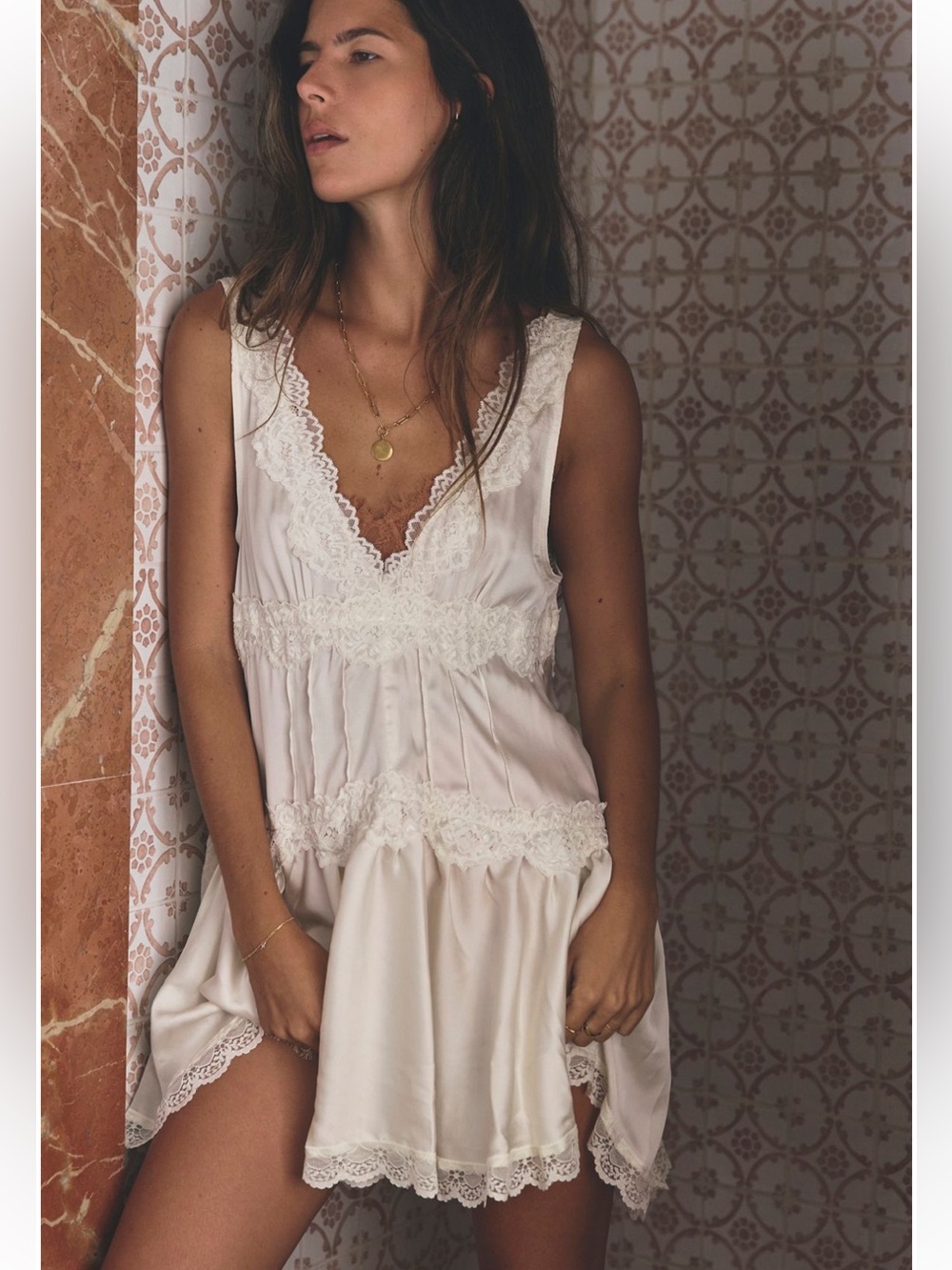 Free People In This Groove Mini Slip Dress Small Tofu Sand NWT cream Lace